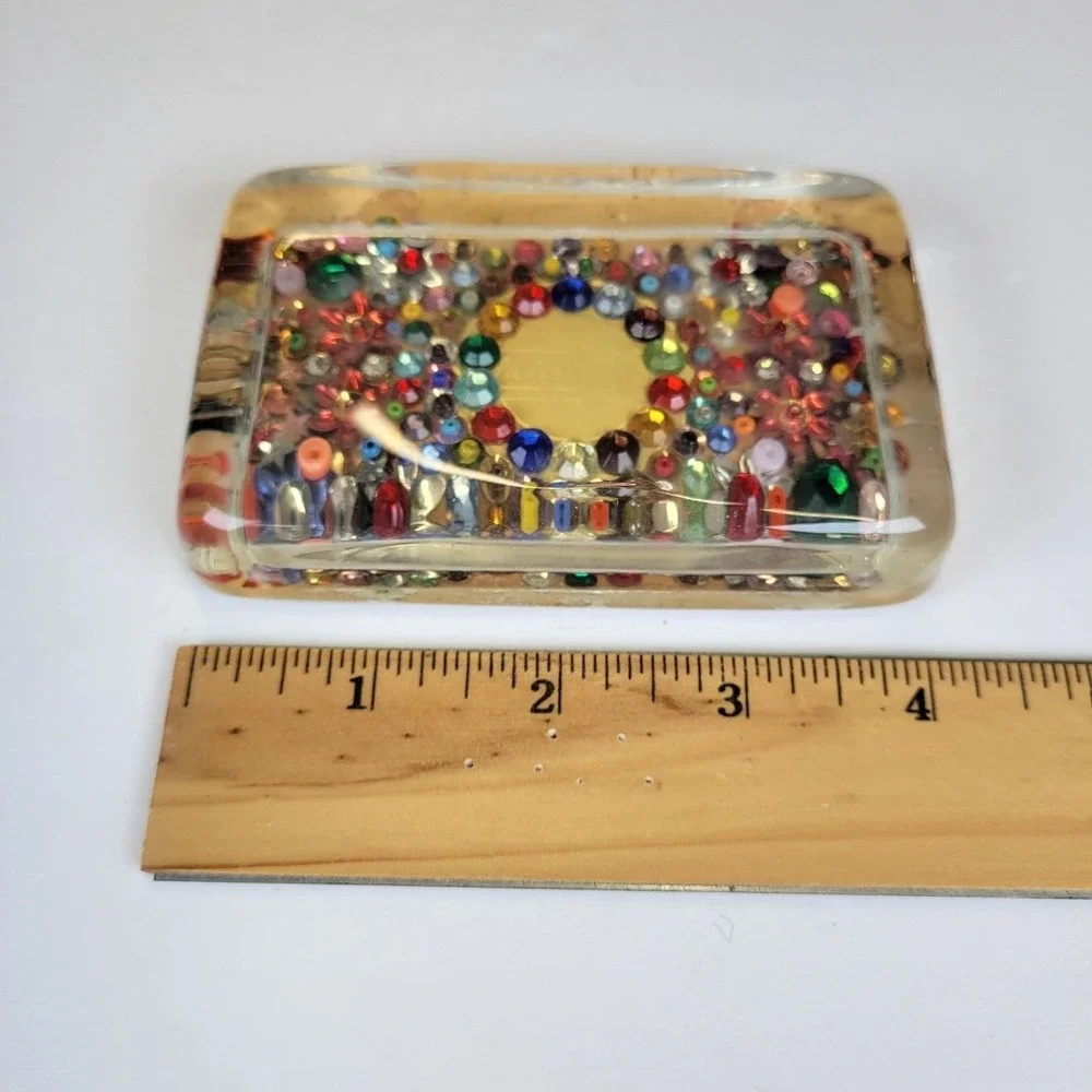 Vintage Lucite Paperweight Multicolored Rhinestones Beads Felt Backing 4